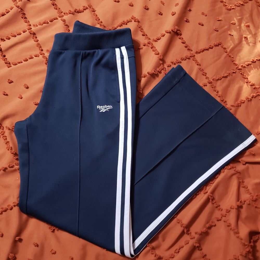 Vintage Reebok Navy Tricot Pants with Pale Pink Side Stripes